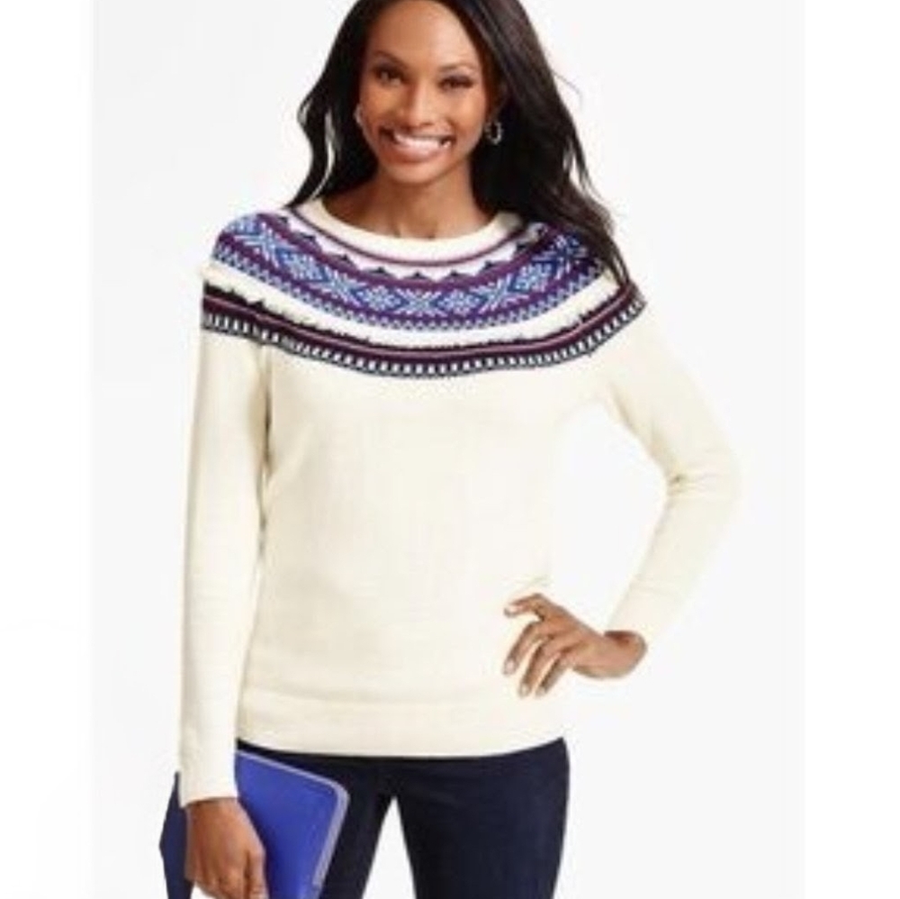 Talbots Womens‎ Sweater Fair Isle Nordic Lambswool Ski Resort Fringe Winter LP